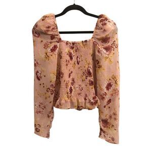 Express smocked floral blouse boho sheer sleeves M cottagecore romantic
